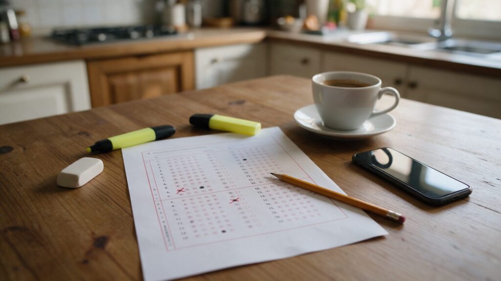 Hoja de respuestas de un test tipo examen sobre una mesa de cocina, con lápiz, goma y un café