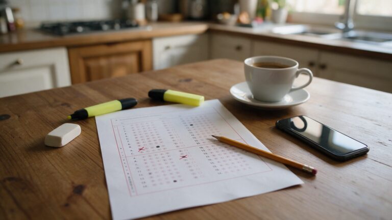 Hoja de respuestas de un test tipo examen sobre una mesa de cocina, con lápiz, goma y un café